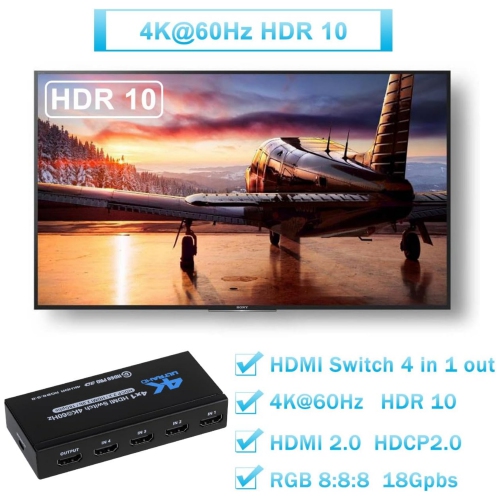 4K HDMI Switch 4x1, 4K@60Hz 4 in 1 Out HDMI Switcher Selector with IR Remote Control, Supports HDCP 2.2 4K@60Hz UltraHD HDR10 3D HD1080P Dolby DST,