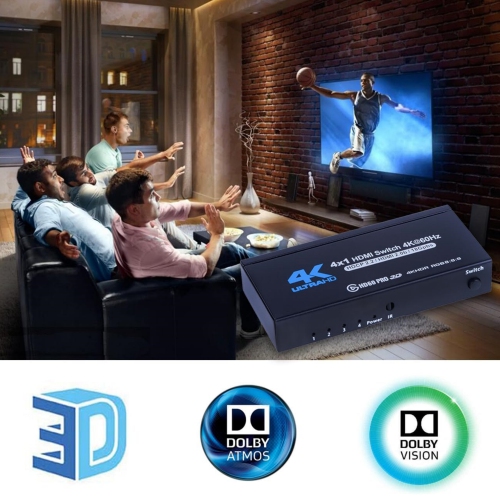 4K HDMI Switch 4x1, 4K@60Hz 4 in 1 Out HDMI Switcher Selector with IR Remote Control, Supports HDCP 2.2 4K@60Hz UltraHD HDR10 3D HD1080P Dolby DST,