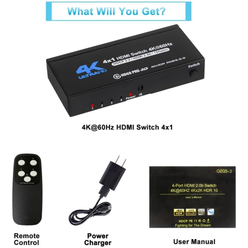4K HDMI Switch 4x1, 4K@60Hz 4 in 1 Out HDMI Switcher Selector with IR Remote Control, Supports HDCP 2.2 4K@60Hz UltraHD HDR10 3D HD1080P Dolby DST,