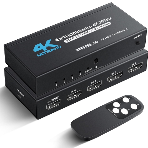 HDMI Switch 4 in 1 Out 4K@60Hz, 4x1 HDMI Splitter Switcher with IR Remote, 4 Port HDMI Selector Box Support HDMI2.0, Dolby Vision/Atmos, HDR10 for