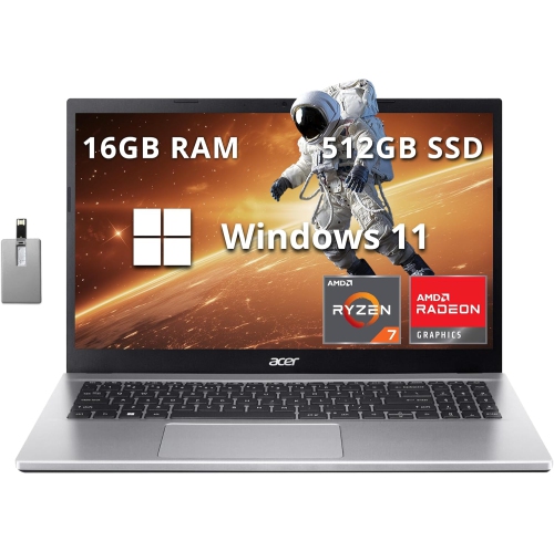 Acer Aspire 3 Laptop, 15.6" FHD Display, AMD Ryzen 7 5700U Processor, 16GB RAM, 512GB SSD, AMD Radeon Graphics, Silver, Windows 11, 32GB Hotface USB Card by ACER - Refurbished condition - CA$619.00