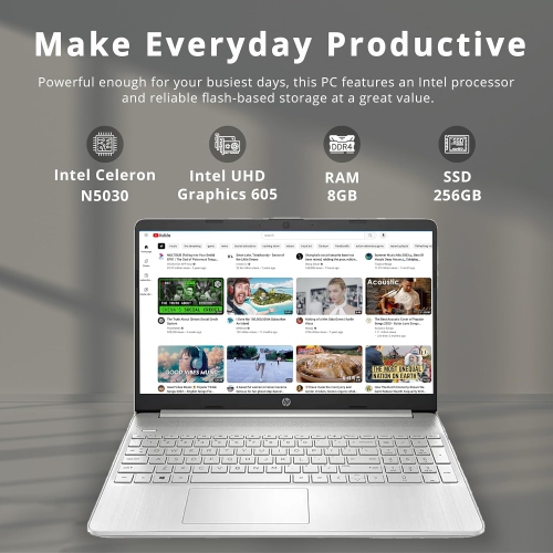 Open Box - HP 15.6" HD BrightView Laptop, Intel Pentium Silver N5030 Processor, 256GB PCIe SSD, 8GB RAM, Intel HD Graphics 605, 720p HD Webcam,