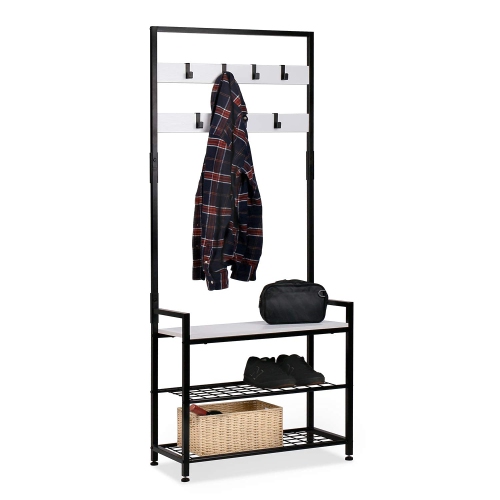 HOMEKOKO  Entryway Hall Tree Storage Shelf, Coat Rack Shoe Bench, Wood Look Accent Furniture With Metal Frame, 3 In 1 D