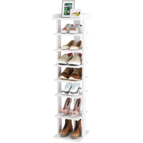 HOMEFORT  7-Tier Shoe Rack, Entryway Shoe Tower, Vertical Shoe Organizer, Wooden Shoe Storage Stand (White)