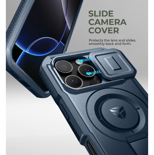 Étui magnétique pour iPhone 16 Pro avec couvercle coulissant pour caméra, béquille ajustable et protecteur d'écran intégré, étui antichoc robuste