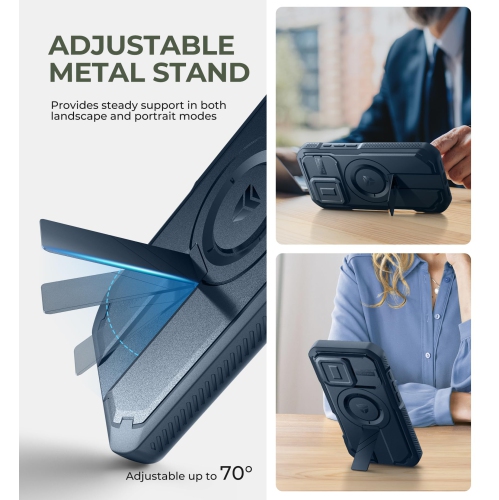 Étui magnétique pour iPhone 16 Pro avec couvercle coulissant pour caméra, béquille ajustable et protecteur d'écran intégré, étui antichoc robuste