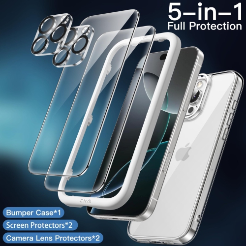 5 in 1 Case for iPhone 16 Pro 6.3-Inch with 2 Pack Each Tempered Glass Screen Protectors and Camera Lens Protectors, Non-Yellowing Shockproof Bumper