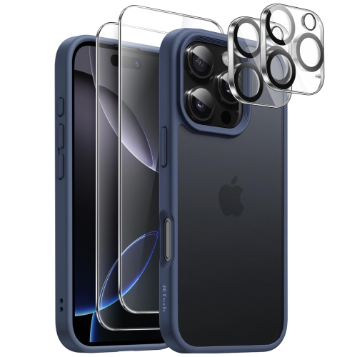 Étui mat 5-en-1 pour iPhone 16 Pro de 6,3&nbsp;po avec paquet de 2 protecteurs d'écran en verre trempé et de lentille de caméra, couverture de téléph