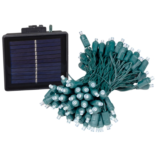 Image 1 de 7.. Jeu de 100 mini lumières solaires d'extérieur LED de fantaisie, 50 pieds sur fil vert, ampoules 5&nbsp;mm, fonctionnement automatique du crépuscule à