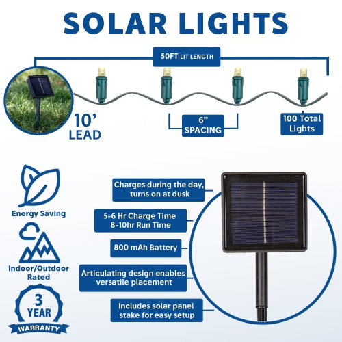 Jeu de 100 mini lumières solaires d'extérieur LED de fantaisie, 50 pieds sur fil blanc, ampoules 5 mm, fonctionnement automatique du crépuscule