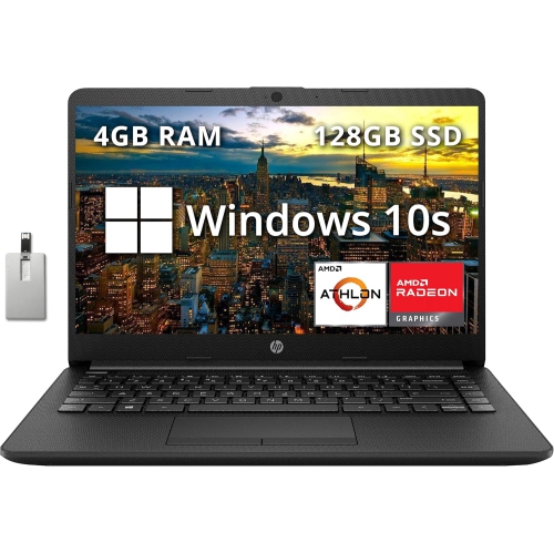 HP 14" HD Anti-Glare Laptop, AMD Athlon Silver 3050U, 128GB SSD, 4GB RAM, AMD Radeon Graphics, Webcam, Bluetooth, HD Audio, Windows 10s, Black, 32GB