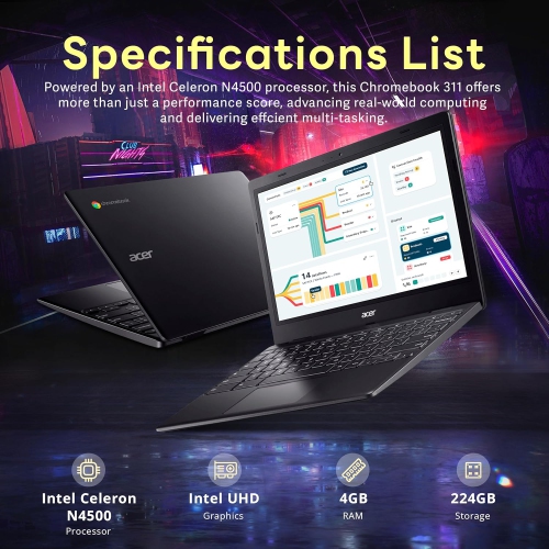 Acer Chromebook 311 11.6" HD Laptop, Intel Celeron N4500 Processor, 4GB LPDDR4X RAM, 224GB Storage, Intel UHD Graphics, Chrome OS, Black