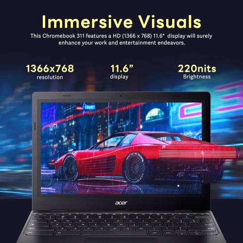 Acer Chromebook 311 11.6" HD Laptop, Intel Celeron N4500 Processor, 4GB LPDDR4X RAM, 224GB Storage, Intel UHD Graphics, Chrome OS, Black