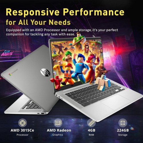 HP Chromebook 14" FHD Anti-Glare Laptop, AMD 3015Ce, 224GB Storage(64GB eMMC+160GB Docking Station), 4GB RAM, AMD Radeon Graphics, 720p HD Camera,