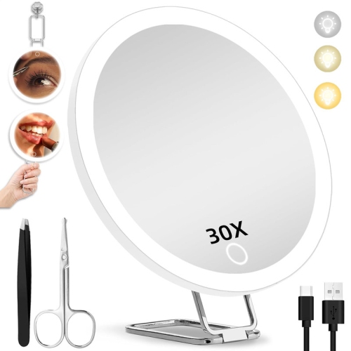 NESDCC  Large 6" Magnifying Makeup Mirror \w Light 30X, Travel Mirror \w 30X High Magnification Compact 30X Magnified Mirror \w Light, 3 Suction Cup &