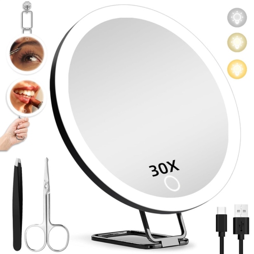 NESDCC  Updated Large 6" Magnifying Makeup Mirror \w Light 30X, Travel Mirror \w 30X High Magnification Compact 30X Magnified Mirror \w Light, 3