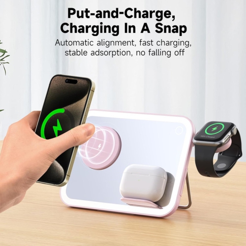 3 in 1 Foldable Magnetic Wireless Charger with Cosmetic Mirror,Makeup Mirror with Light,3-in-1 Charging Station,Charging Stand,for iPhone12-16,Apple