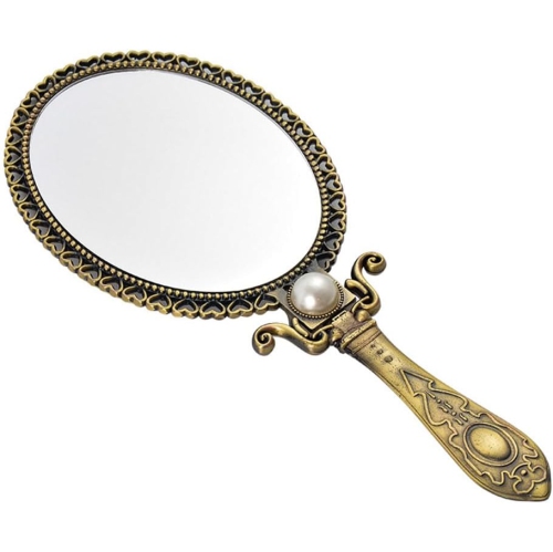 NESDCC  1PC Handheld Vanity Mirror - Antique Metal Hand Mirror Brass Mirror Luxury Metal Handheld Mirror Foldable Cosmetic Mirror for Women Lady