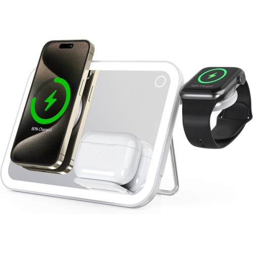 3 in 1 Foldable Magnetic Wireless Charger with Cosmetic Mirror,Makeup Mirror with Light,3-in-1 Charging Station,Charging Stand,for iPhone12-16,Apple