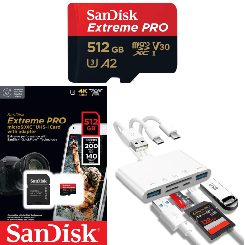 Image 1 de 5.. SanDisk Extreme PRO® 512 GB micro SD Card | Speed 200MB/s Read | 140MB/s Write | Extreme Performance SanDisk QuickFlow™ Technology | 5-in-1 Memory