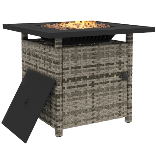 Outsunny 28.5in Outdoor Rattan Propane Fire Pit Table, 50,000 BTU Pulse-Ignition Wicker Fire Table with Glass Wind Guard, Volcanic Rock, Rain Cover,