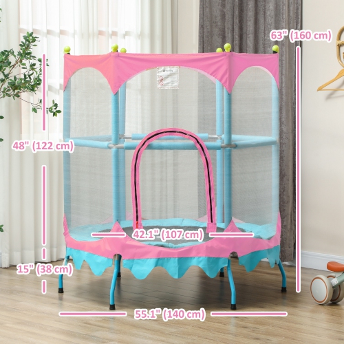 Qaba Trampoline for Kids, 4.6FT Toddler Trampoline Indoor Outdoor Mini Recreational Trampoline with Handlebar, Safety Enclosure Net, Birthday Gifts