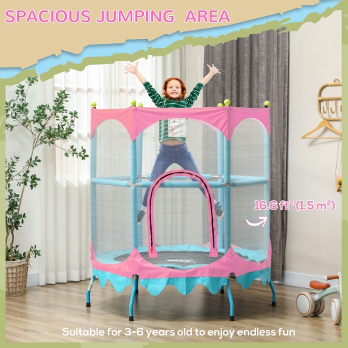 Qaba Trampoline for Kids, 4.6FT Toddler Trampoline Indoor Outdoor Mini Recreational Trampoline with Handlebar, Safety Enclosure Net, Birthday Gifts