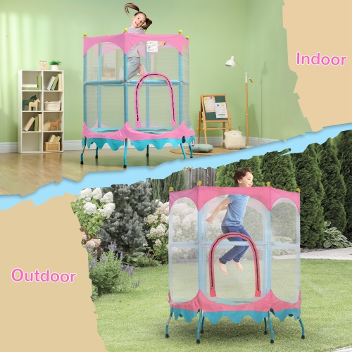 Qaba Trampoline for Kids, 4.6FT Toddler Trampoline Indoor Outdoor Mini Recreational Trampoline with Handlebar, Safety Enclosure Net, Birthday Gifts