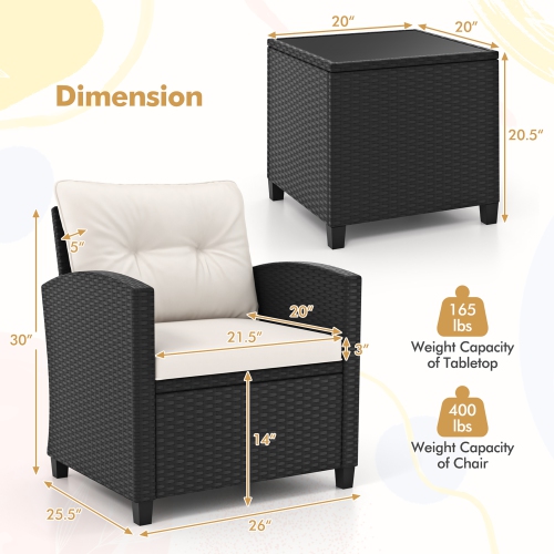 Gymax 3 PCS Patio Furniture Set w/Tempered Glass Coffee Table Washable Cushions