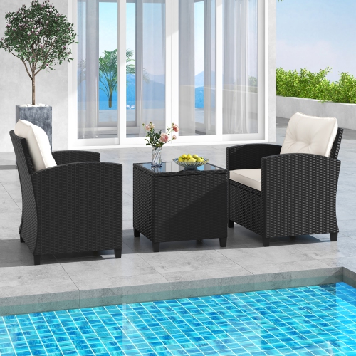 Gymax 3 PCS Patio Furniture Set w/Tempered Glass Coffee Table Washable Cushions