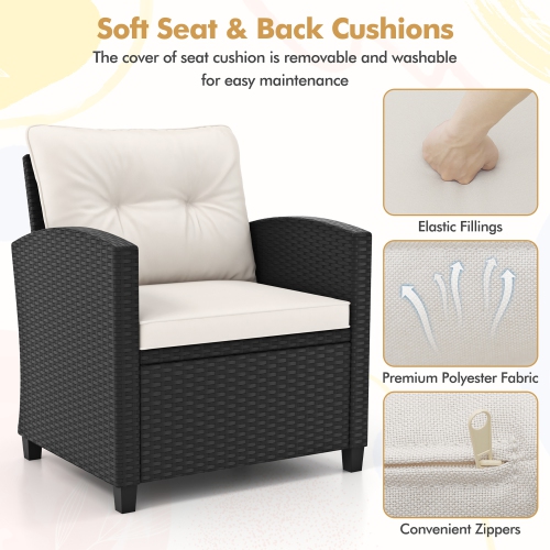 Gymax 3 PCS Patio Furniture Set w/Tempered Glass Coffee Table Washable Cushions