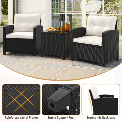 Gymax 3 PCS Patio Furniture Set w/Tempered Glass Coffee Table Washable Cushions