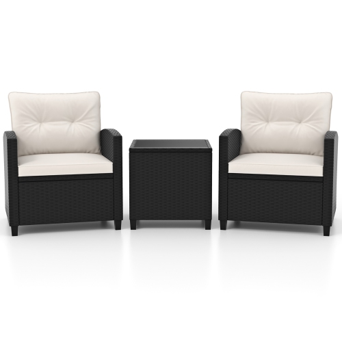Gymax 3 PCS Patio Furniture Set w/Tempered Glass Coffee Table Washable Cushions