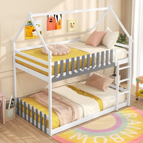 GYMAX  Twin Over Twin Bunk Bed W/ Fence & Ladder Solid Wood Floor Bunk Bed for Kids In White