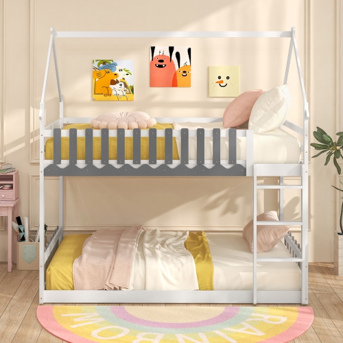 Gymax Twin Over Twin Bunk Bed w/ Fence & Ladder Solid Wood Floor Bunk Bed for Kids White