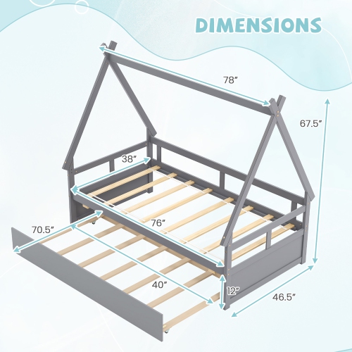 Gymax Twin Size House Bed w/ Trundle Roof & Safety Guardrail Wood Slat Support Gray