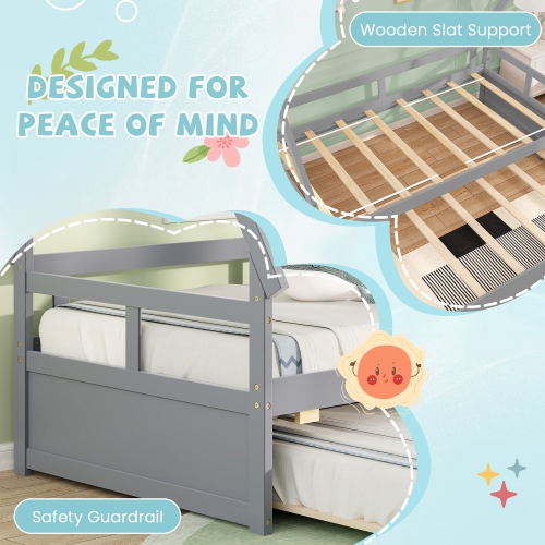 Gymax Twin Size House Bed w/ Trundle Roof & Safety Guardrail Wood Slat Support Gray