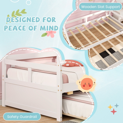 Gymax Twin Size House Bed w/ Trundle Roof & Safety Guardrail Wood Slat Support White