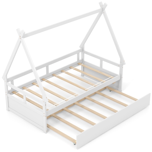 Gymax Twin Size House Bed w/ Trundle Roof & Safety Guardrail Wood Slat Support White