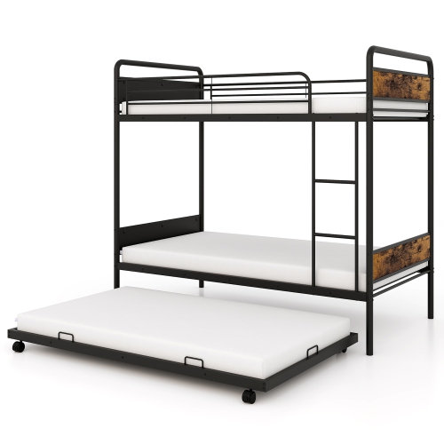Gymax Twin Over Twin Bunk Bed w/ Trundle Industrial Metal Bunkbed Frame