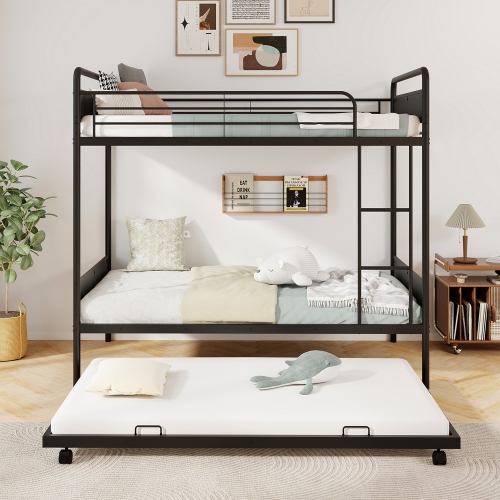 Gymax Twin Over Twin Bunk Bed w/ Trundle Industrial Metal Bunkbed Frame