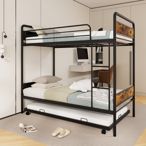 Gymax Twin Over Twin Bunk Bed w/ Trundle Industrial Metal Bunkbed Frame
