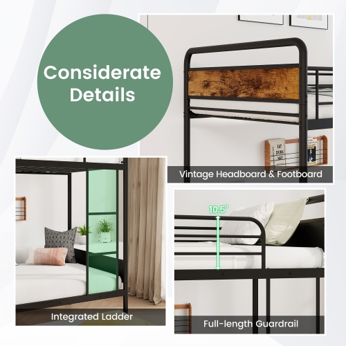 Gymax Twin Over Twin Bunk Bed w/ Trundle Industrial Metal Bunkbed Frame