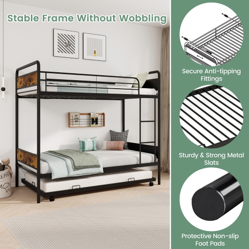 Gymax Twin Over Twin Bunk Bed w/ Trundle Industrial Metal Bunkbed Frame