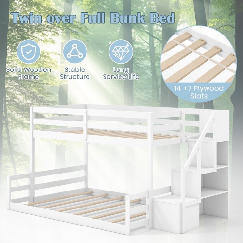 Gymax Twin Over Full Low Bunk Bed w/ Storage Stairs w/ Full-length Guardrails