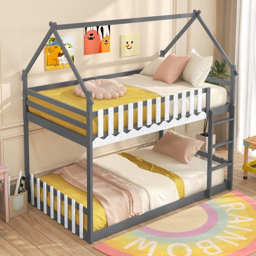 GYMAX  Twin Over Twin Bunk Bed W/ Fence & Ladder Solid Wood Floor Bunk Bed for Kids In Gray