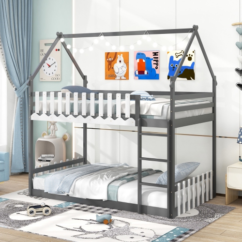 Gymax Twin Over Twin Bunk Bed w/ Fence & Ladder Solid Wood Floor Bunk Bed for Kids Gray