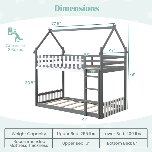 Gymax Twin Over Twin Bunk Bed w/ Fence & Ladder Solid Wood Floor Bunk Bed for Kids Gray