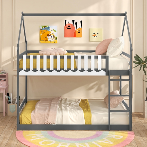 Gymax Twin Over Twin Bunk Bed w/ Fence & Ladder Solid Wood Floor Bunk Bed for Kids Gray