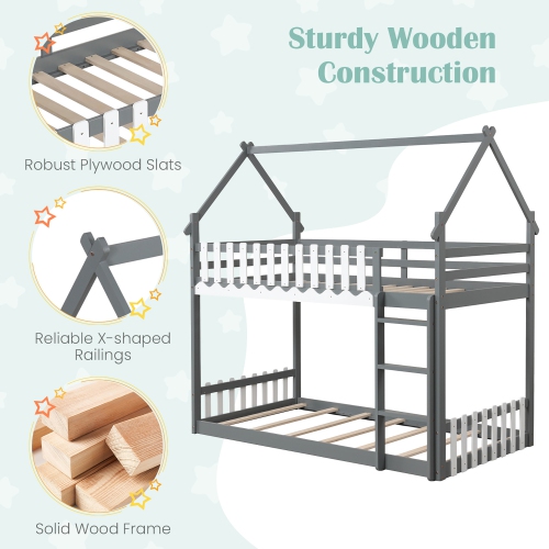 Gymax Twin Over Twin Bunk Bed w/ Fence & Ladder Solid Wood Floor Bunk Bed for Kids Gray